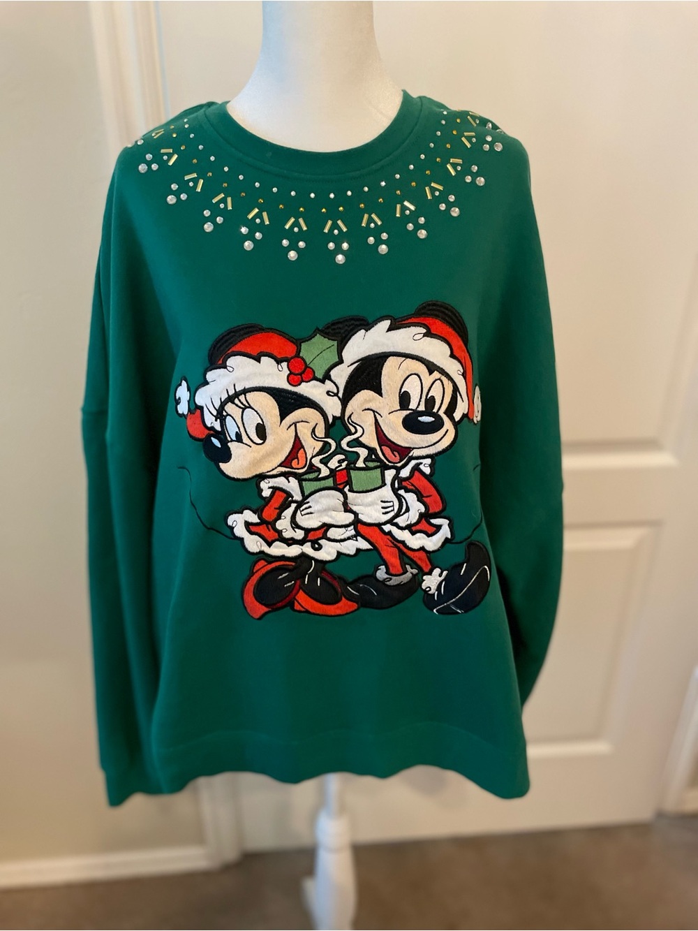 Disney Green Mickey & Minnie Holiday Sweatshirt with Embellishments